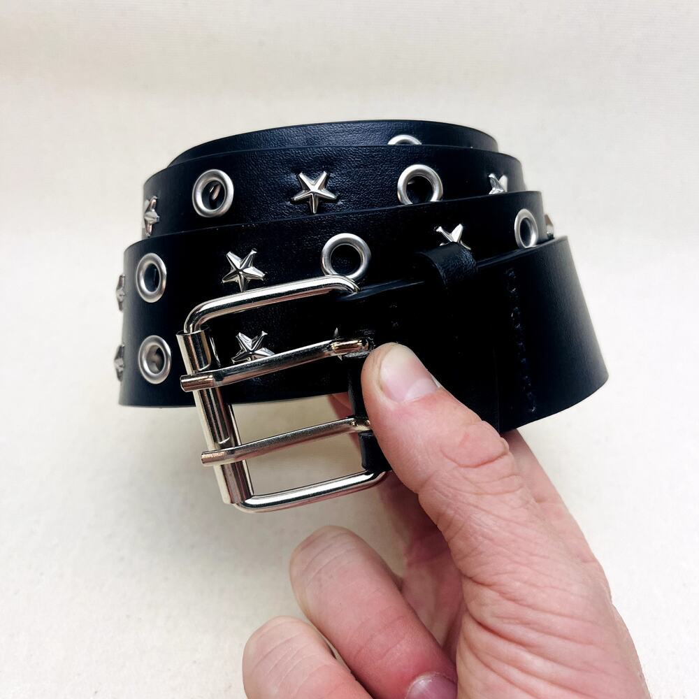 y2k style round studded vegan leather black and silver star studded grunge belt